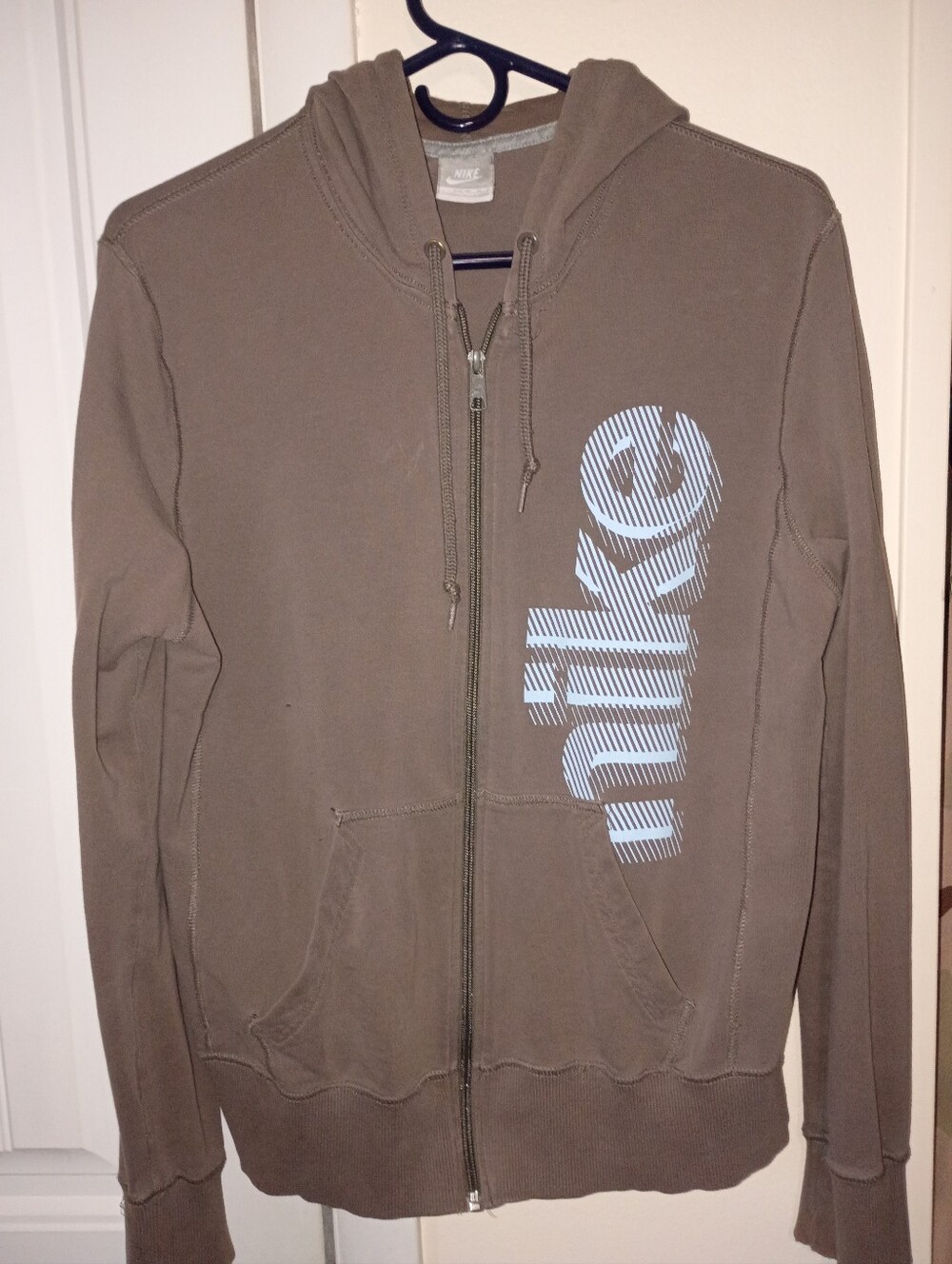 Nike Brown Full-Zip Hoodie with Vertical Light Blue Logo